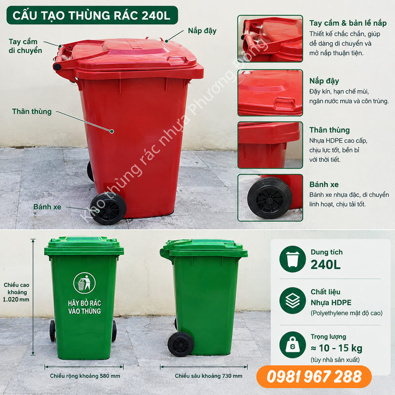 Cấu tạo kích thước thùng rác 240 lít HDPE