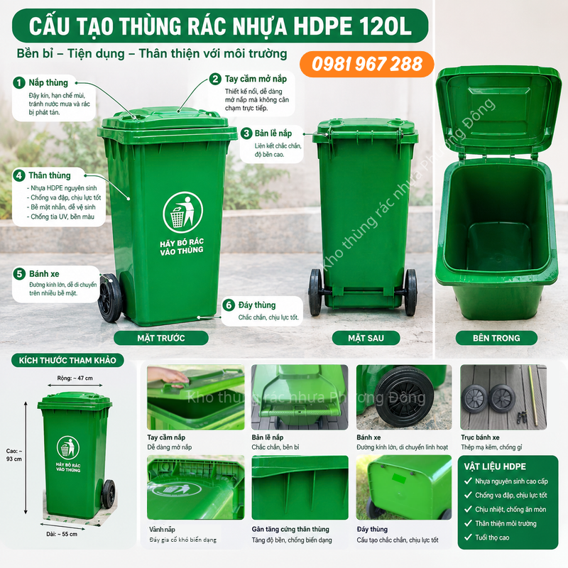 Cấu tạo kích thước thùng rác nhựa HDPE 120L HN