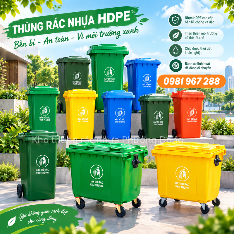 Kích thước các loại thùng rác HDPE công cộng HN