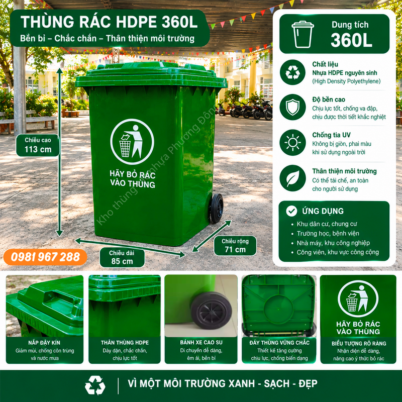 Kích thước cấu tạo thùng rác xanh 360L
