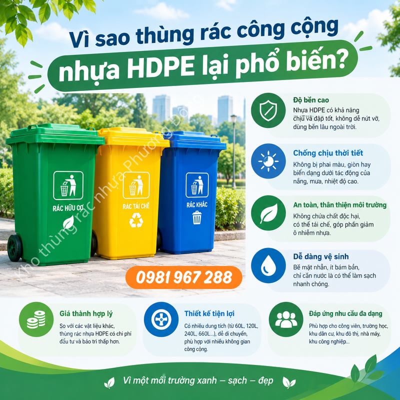 Thùng rác nhựa HDPE phổ biến thu gom rác HN