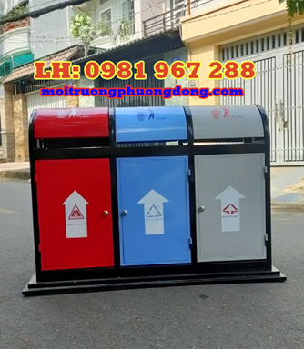 Thùng rác ngoài trời 3 ngăn bằng thép sơn tĩnh điện 