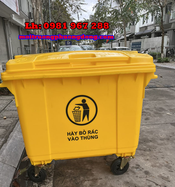 Thùng rác màu vàng 660L 4 bánh xe 